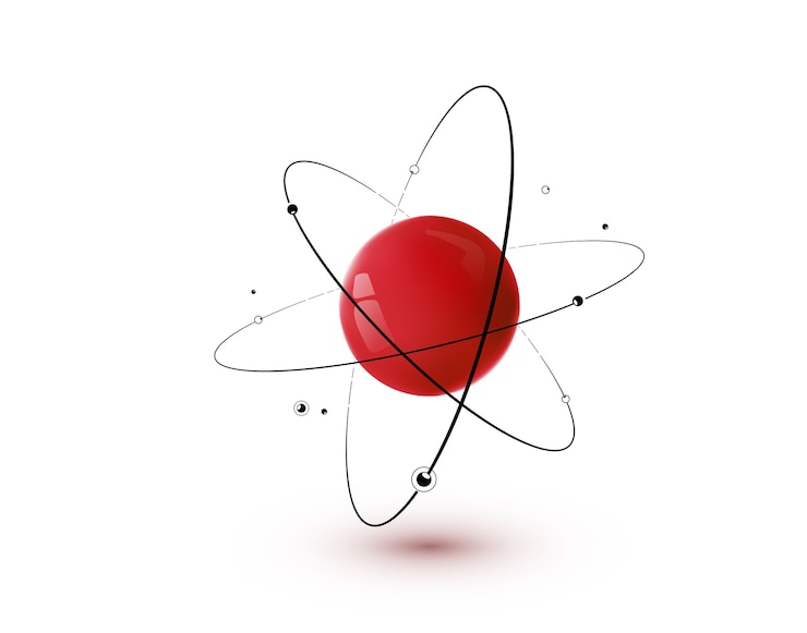 무료 Vector 코어, 궤도 및 전자가 분리 된 적색 원자. 3d 핵 화학 기술 개념.