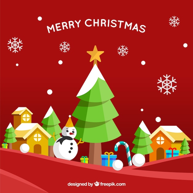 Red background of christmas landscape