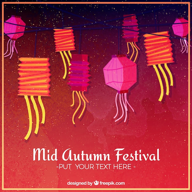 Red background with colorful lanterns, mid autumn festival Free Vector