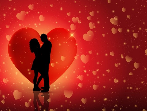 Red background with couple silhouette