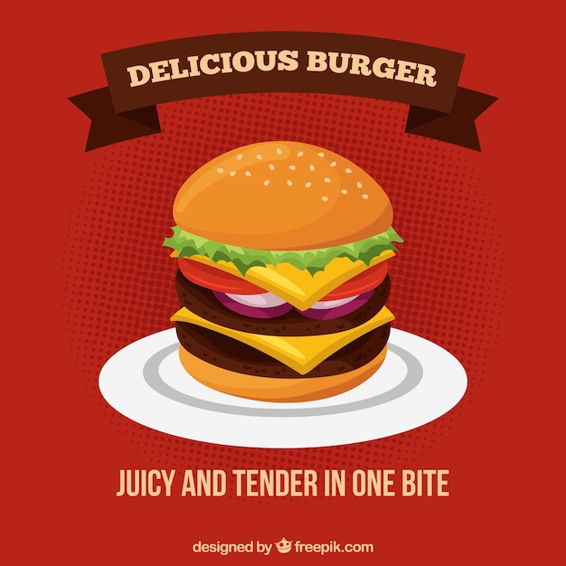 Free vector red background with delicious cheeseburger