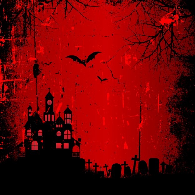 Free vector red background with a haunted house for halloween