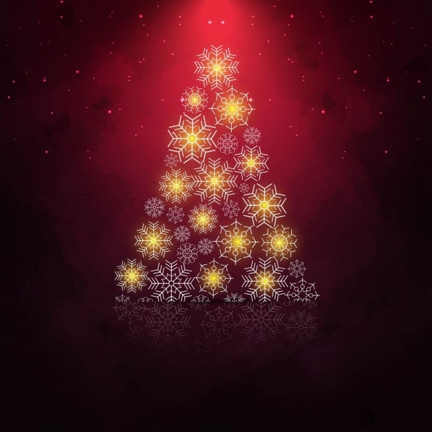 Free vector red background with shiny christmas tree