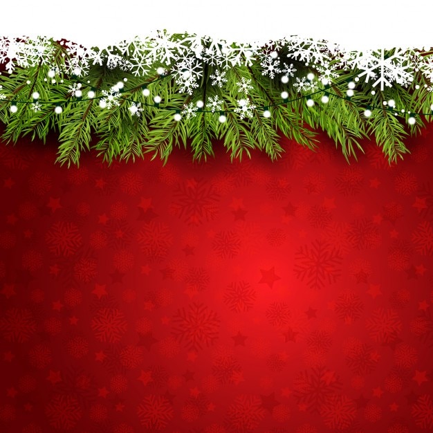 Free vector red background with snowflakes and pine branches