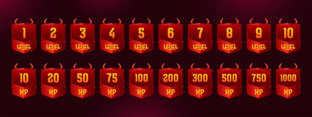 Red badges with game level number and xp points