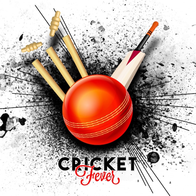Красный шар ударяет пчелиные пни с битой на черном абстрактном фоне брызг для концепции крикетной лихорадки.
