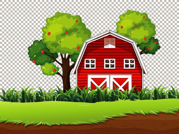 Red barn with meadow and apple tree on transparent background