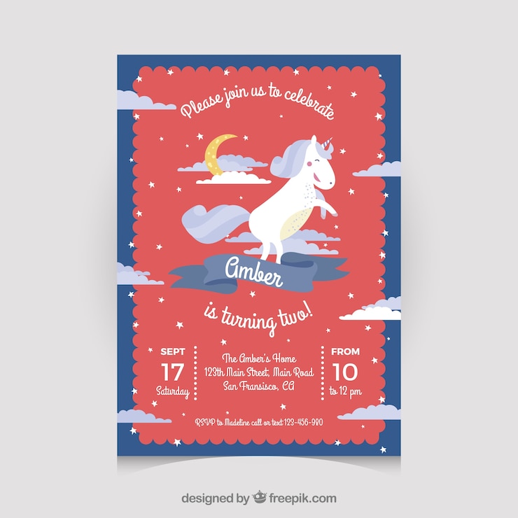 Free Vector red birthday card with a unicorn