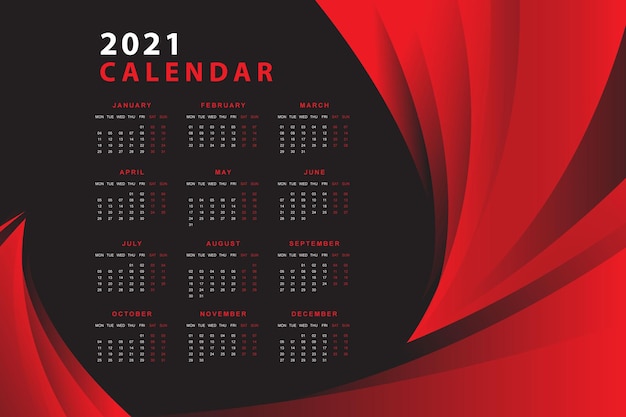 Vettore gratuito calendario 2021 design rosso e nero