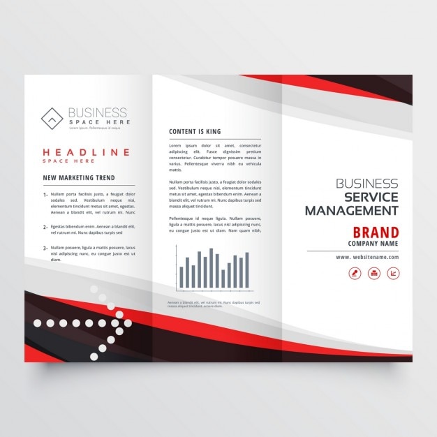 Brochure a tre ante rosso e nero per il tuo business