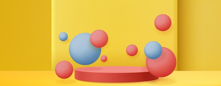 Free Vector red and blue spheres around podium on yellow