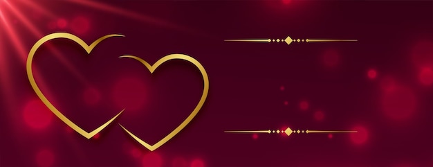 Red bokeh valentines day banner with golden hearts and light effect