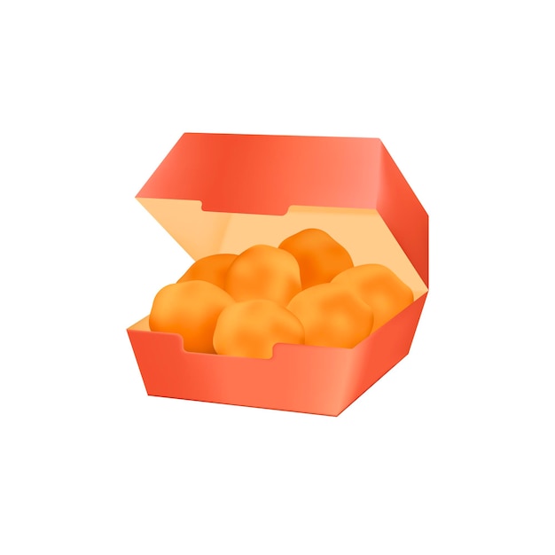 Red box with chicken nuggets 3D illustration. Cartoon drawing of container with chicken meal in 3D style on white background. Street or fast food, snacks concept