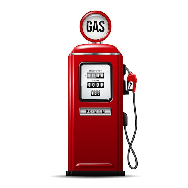 Red bright gas station pump with fuel nozzle of petrol pump. realistic vector illustration isolated on white.