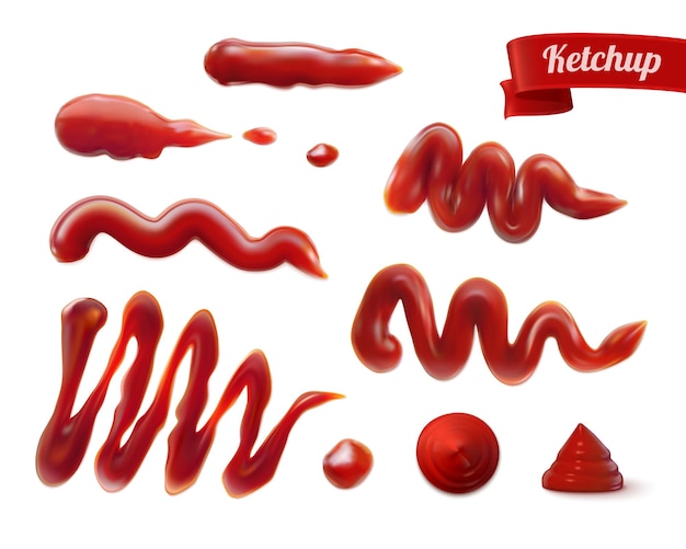 Красные яркие пятна соуса реалистичный набор изолированных векторных иллюстраций