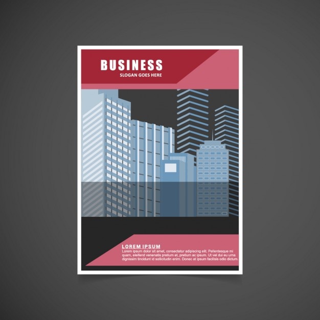 Red business brochure with buildings