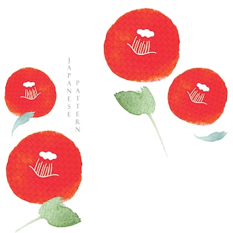 日本の波パターンベクトルと赤い椿の花テンプレート。幾何学的な装飾と花の背景。