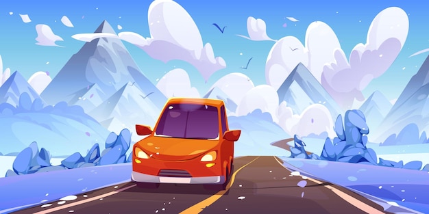 Free vector red car drive road from mountains in winter