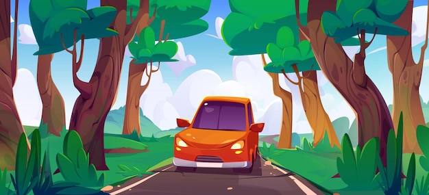 Red car driving along asphalt road in forest cartoon vector landscape of woodland with green trees and winding road with vehicle traveling natural summer scene with highway and blue cloudy sky