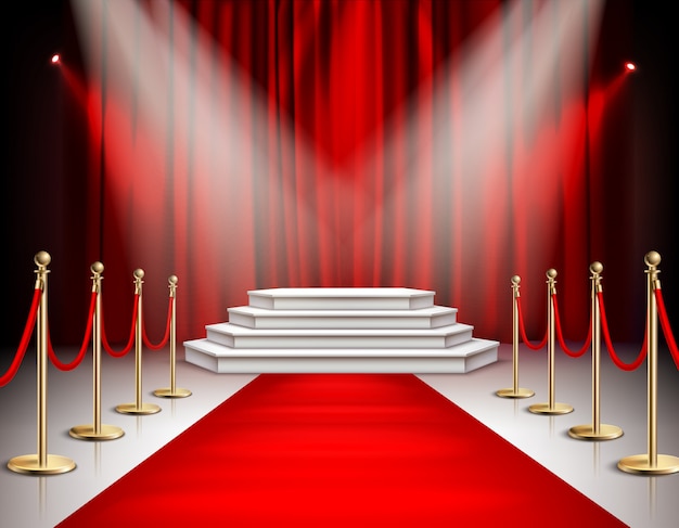 Red carpet celebrities event realistic composition with white stairs podium spotlights carmine satin curtain background  illustration