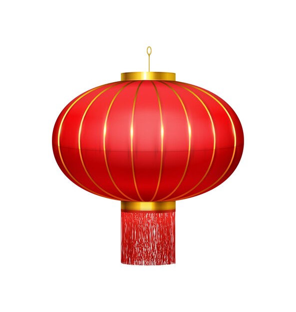 Красный китайский фонарь круглой формы реалистичная композиция с плоской векторной иллюстрацией праздничного фонаря