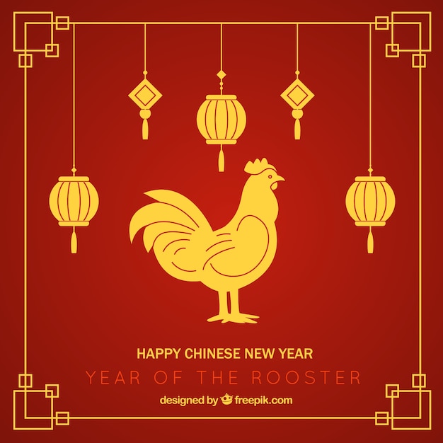 Красный китайский новый год фон с фонарями и золотым петухом