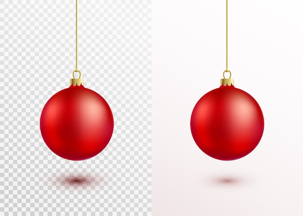 分離された金の紐にぶら下がっている赤いクリスマスボール。影と光でリアルなクリスマスの装飾