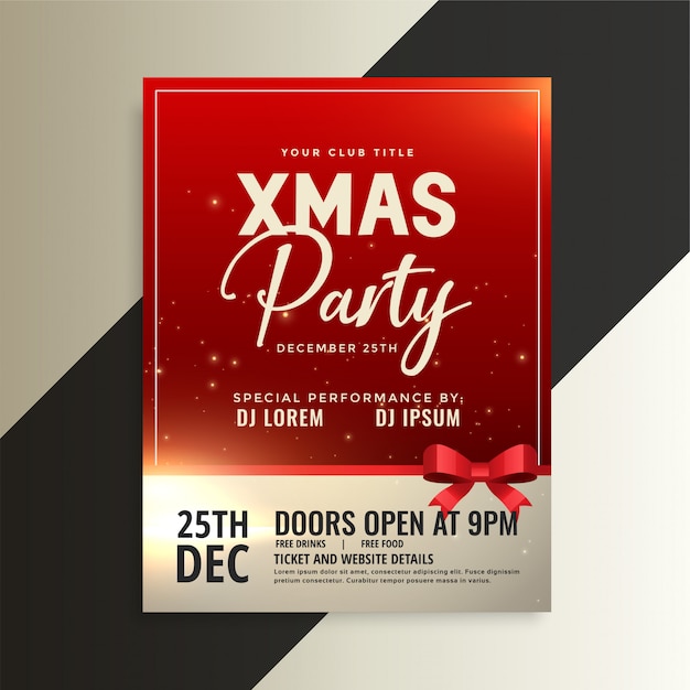 Red christmas party flyer with shiny ribbon