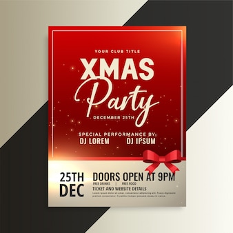 Red christmas party flyer with shiny ribbon