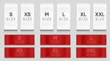 Free vector red cloth labels with size for apparel, brand tags