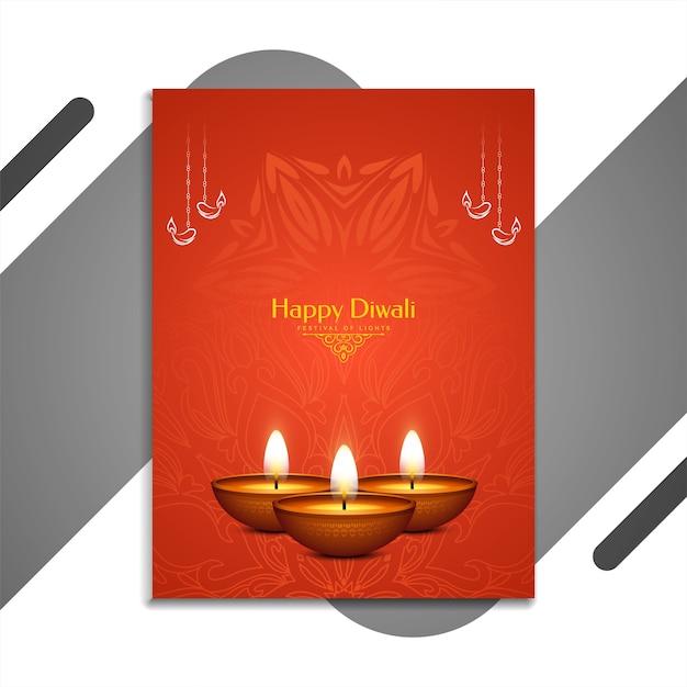 Colore rosso happy diwali indian festival brochure con lampade