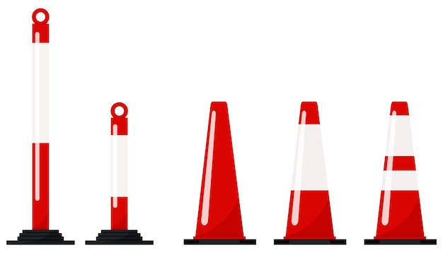 붉은 색 플라스틱 도로 교통 콘 세트 흰색 배경에 고립. 반사 줄무늬 스티커가 있는 다양한 크기와 모양 경고 기호. 벡터 평면 디자인 안전 delineator 아이콘 그림입니다.