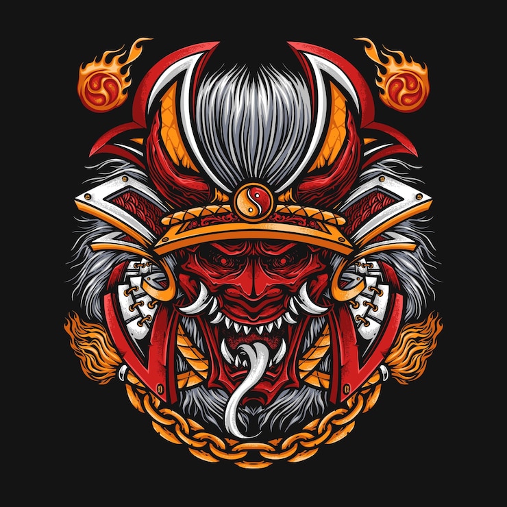 Free Vector red demon oni with samurai armor illustration