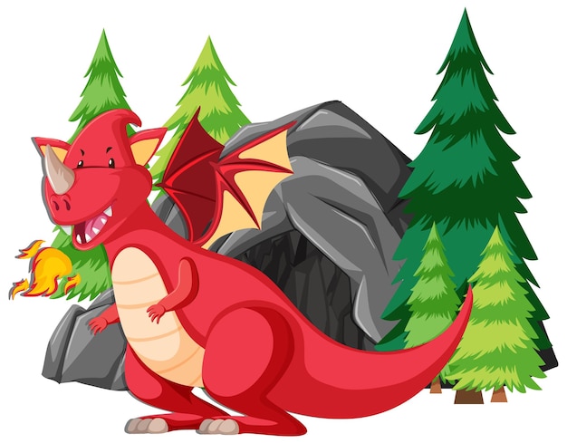 Бесплатное векторное изображение Красный дракон дышит огнем у пещеры