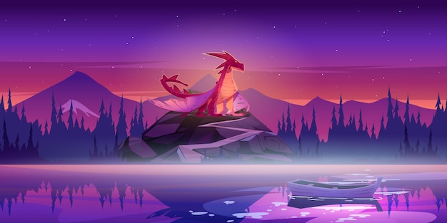 Red dragon on rock with road after sunset