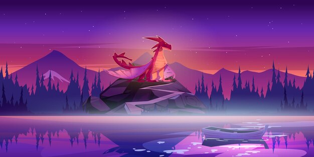 Красный дракон на скале с дорогой после заката