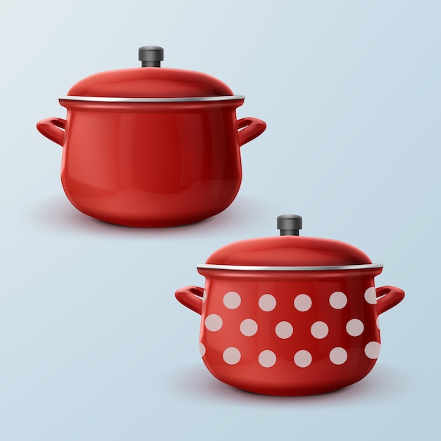 red enamel saucepans with and without white dots