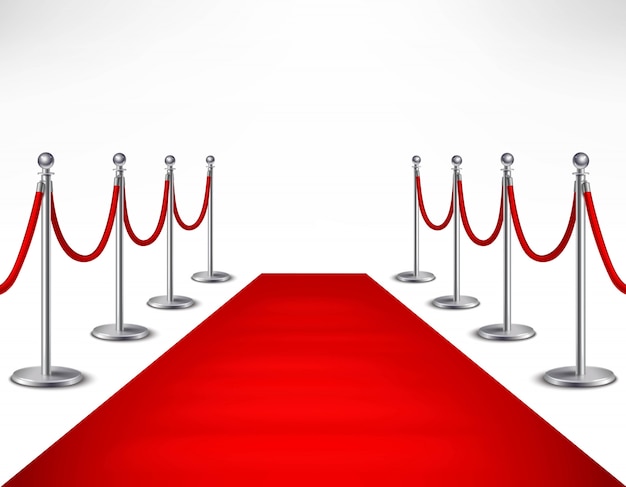 赤いイベントカーペットと白い背景の上の銀色の障壁現実的なベクトルイラスト