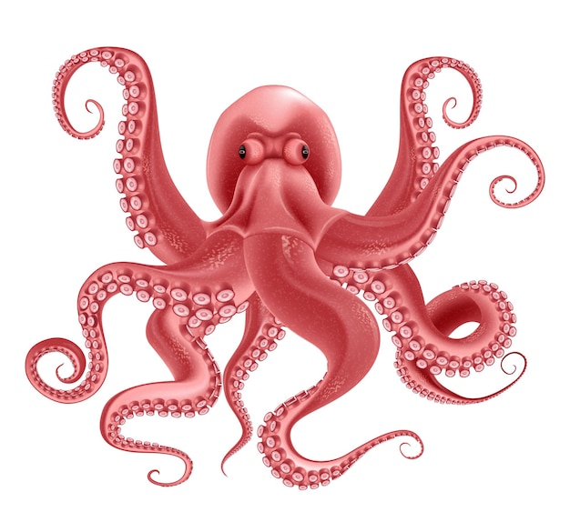 红色的邪恶的章鱼有八个扭动的触手现实对象孤立在白色背景矢量图