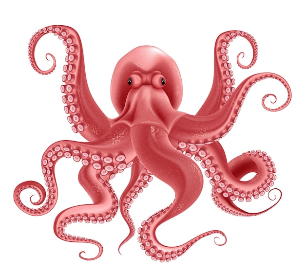 Red evil octopus with eight writhing tentacles realistic object isolated at white background vector illustration