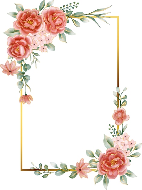 Бесплатное векторное изображение Цветение красного цветка в границе цветочной рамки с золотым блеском