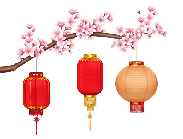 Red and gold chinese lanterns with gold fringe and brushes hanging on sakura branch realistic