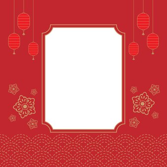 Red and gold lantern and flower and wave chinese theme background template with blank window frame copy space