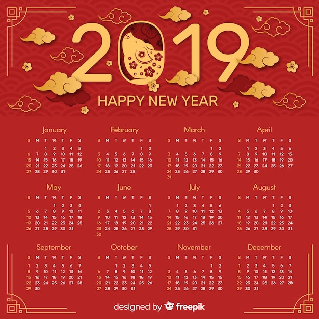 Free vector red and golden chinese new year 2019 calendar