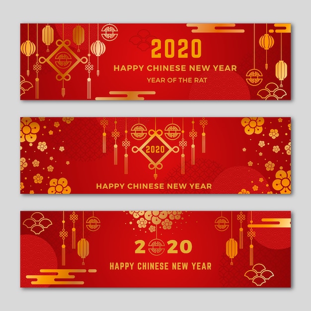 Red & golden chinese new year banners Free Vector