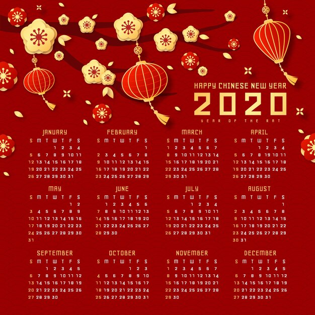 Red & golden chinese new year calendar with lamps