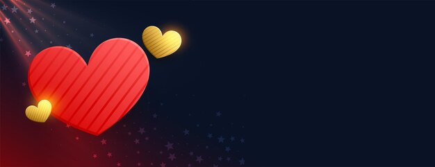 Red and golden hearts with light rays banner design