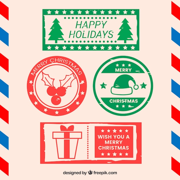 Free vector red and green christmas stamps