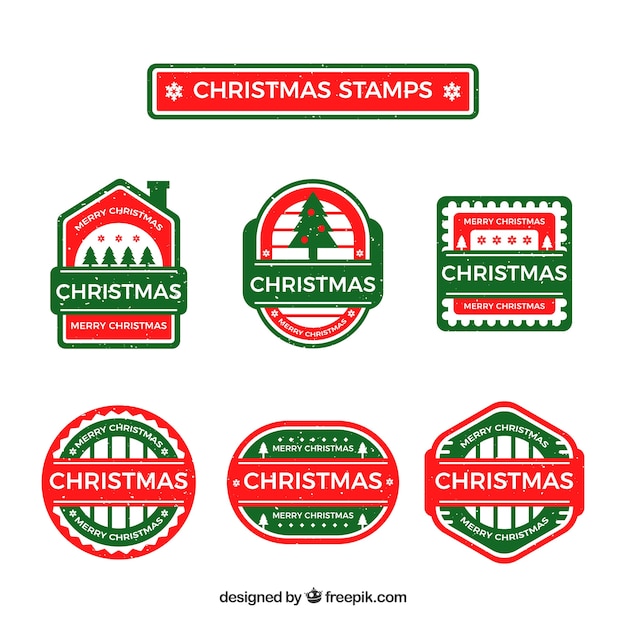 Free vector red and green hand drawn christmas stamps