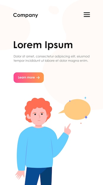 空の吹き出しを指している赤毛の男。指、チャット、ネットワーク。ウェブサイトのデザインやランディングウェブページのコミュニケーションとメッセージのコンセプト